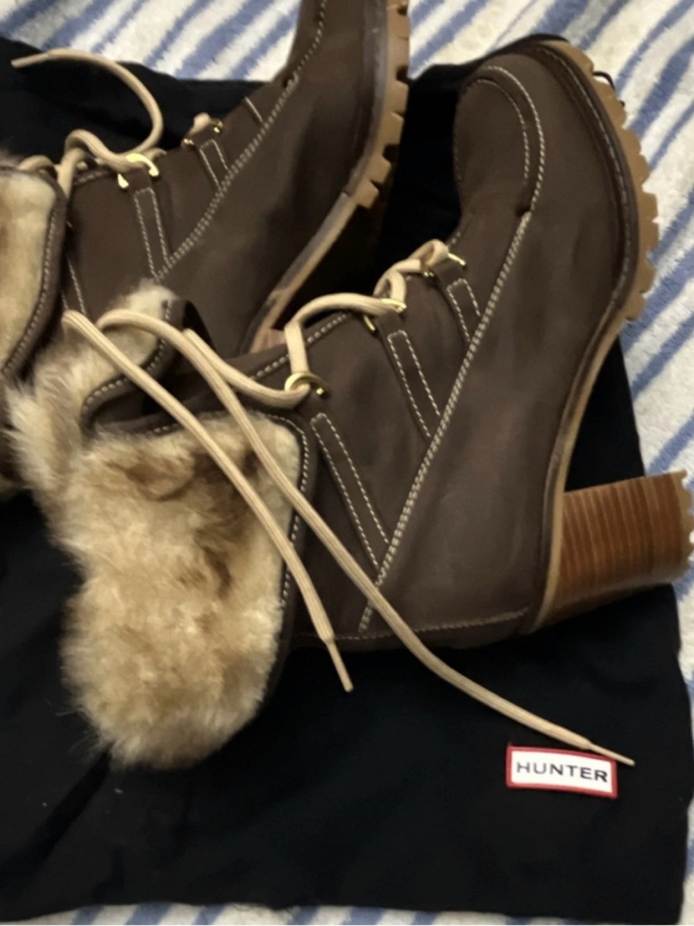 Hunter Brown Lace-Up Faux-Fur Ankle Boots with Stacked Heel